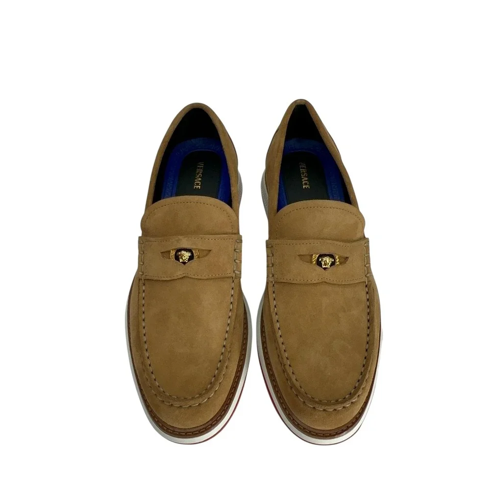 Versace‎ Suede Medusa Head Loafers Tan Brown Slip On Men's Shoes Size 39